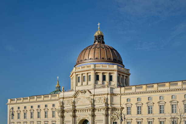 Western facade of the reconstructed "Berliner Stadtschloss". In the background the cupola of the Berlin Dome stock photo