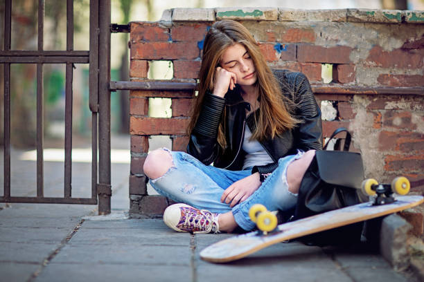 Portrait of depressed young woman stock photo