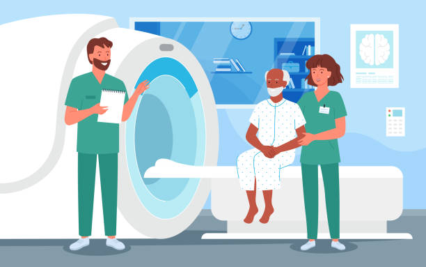 ilustrações de stock, clip art, desenhos animados e ícones de mri scanning diagnostic procedure for senior people in hospital, mri scanner appointment - doctor vector radiologist happiness