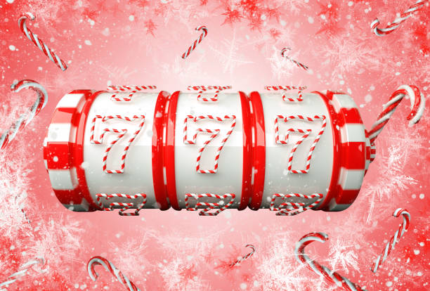 Red And White New Year Slot Machine. Gambling Concept - 3D Illustration Red And White Christmas / New Year Casino Concept Background. Slot Machine With Candy Canes And Snow Flakes. christmas casino stock pictures, royalty-free photos & images