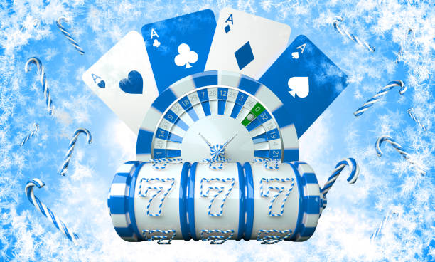 Blue And White New Year Gambling Concept - 3D Illustration Blue And White Christmas / New Year Casino Concept Background. Slot Machine, Roulette Wheel And Playing Cards With Candy Canes And Snow Flakes. christmas casino stock pictures, royalty-free photos & images