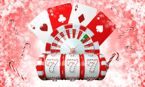 Red And White New Year Gambling Concept - 3D Illustration Red And White Christmas / New Year Casino Concept Background. Slot Machine, Roulette Wheel And Playing Cards With Candy Canes And Snow Flakes. christmas casino stock pictures, royalty-free photos & images