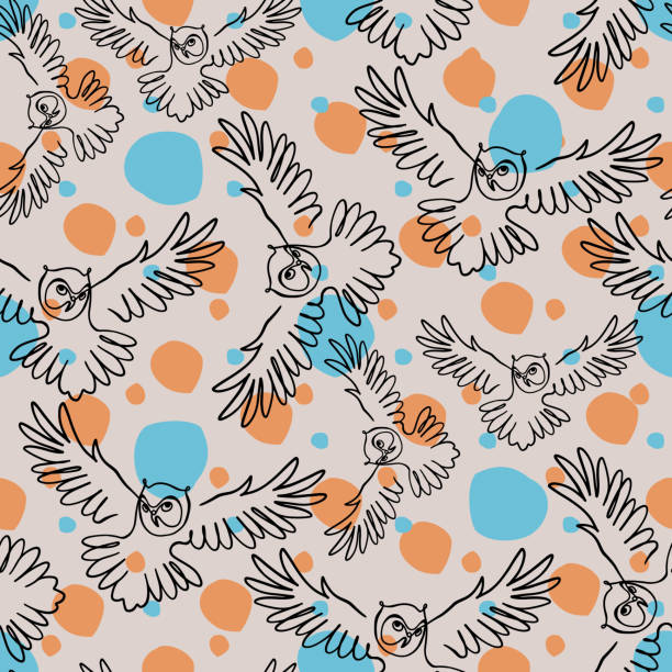 Minimalist art owl bird outline with blue and orange color abstract spots seamless pattern Owl pattern outline with blue and orange color abstract spots seamless pattern background of a owl black and white stock illustrations