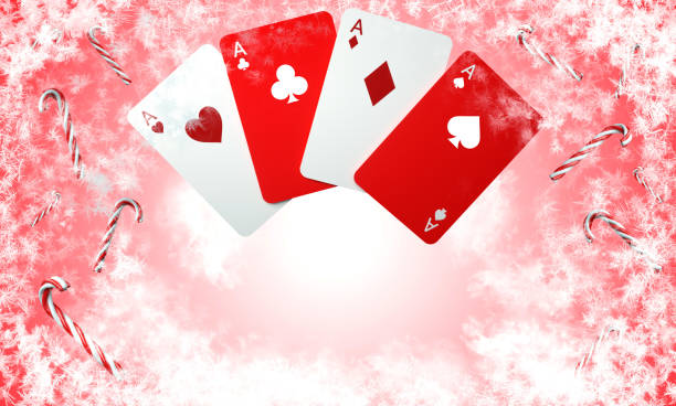 Red And White New Year Four Aces. Gambling Concept - 3D Illustration Red And White Christmas / New Year Casino Concept Background. Playing Cards With Candy Canes And Snow Flakes. Empty Space. christmas casino stock pictures, royalty-free photos & images