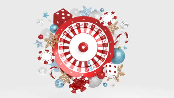 Colorful Modern Roulette Wheel With Chips, Dices  And Christmas Decorations Isolated On White Background. New Year Casino Concept.