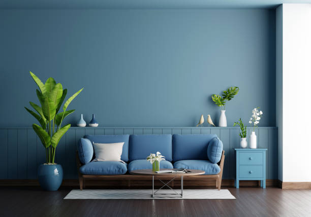 istock Blue sofa in blue living room with copy space, 3D rendering 1343618930