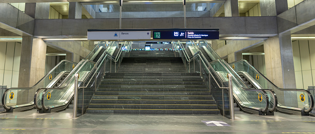 interior of the downtown-chiado subway station in Lisbon with stairs.