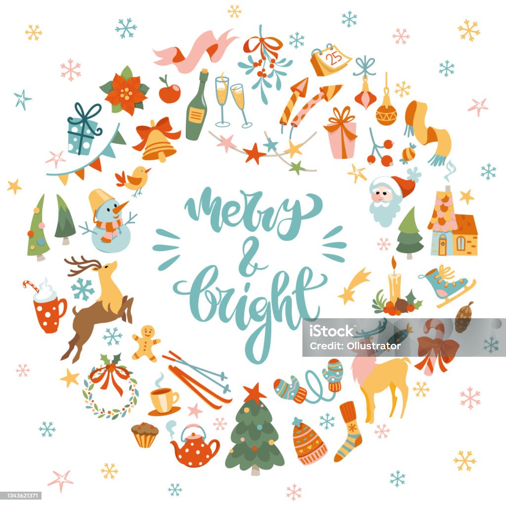 Сhristmas icons wreath Set of colored winter elements with lettering "merry and bright" in the middle. Colorful vector illustration in flat cartoon style. Christmas stock vector