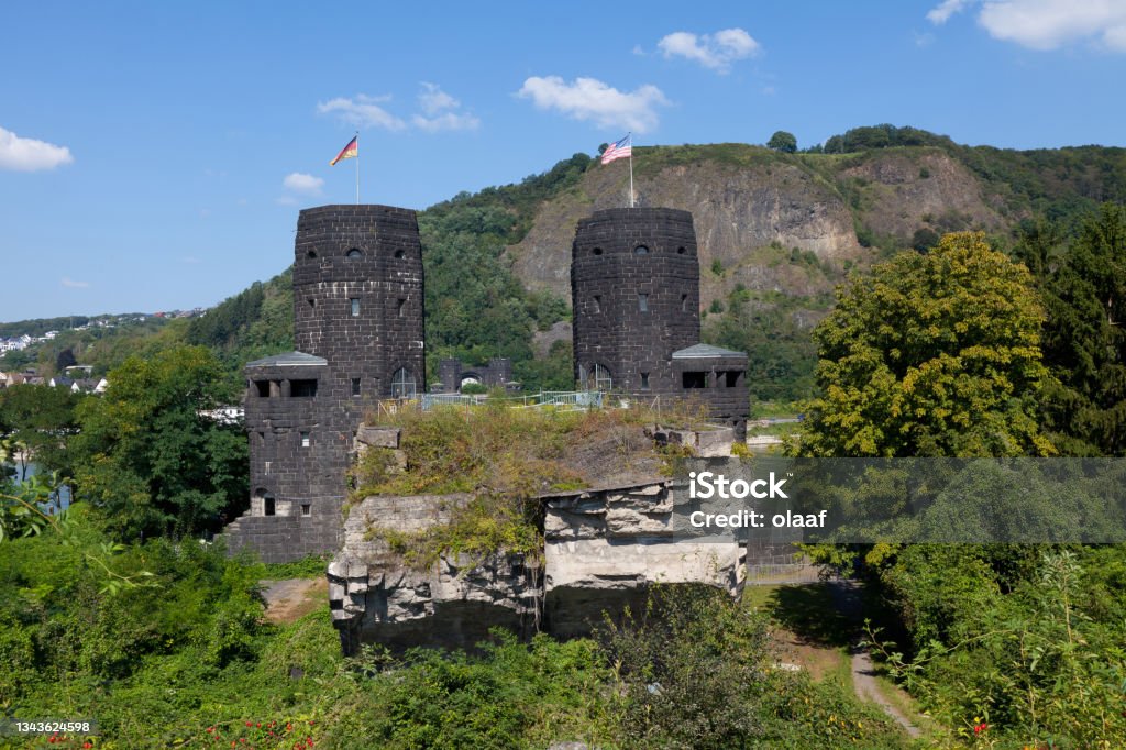 Ruins of the Ludendorff Bridge Historic bridge crossing over the Rein for the Western Allied troops at the end of the Second World War. Today Peace Museum American Flag Stock Photo