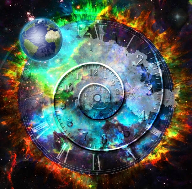 Planet Earth in fantasy space with time spiral stock photo