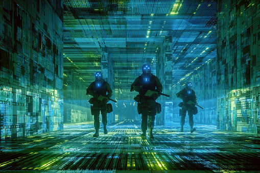 Empty futuristic city corridors with cyborg soldiers walking, 3D generated image.