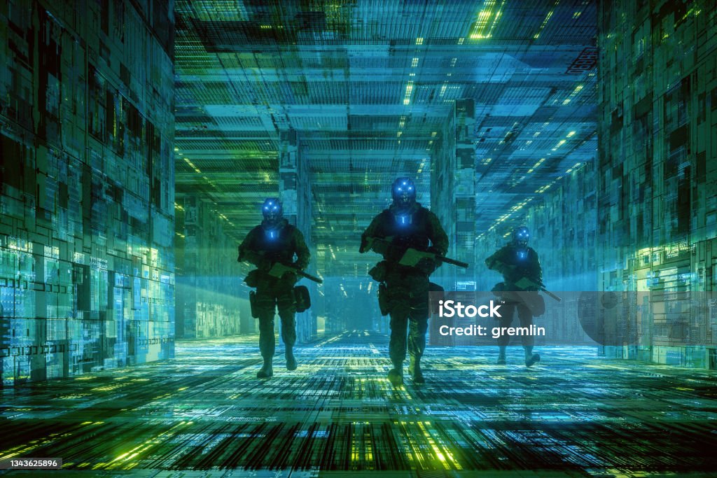 Empty futuristic city corridors with cyborg soldiers Empty futuristic city corridors with cyborg soldiers walking, 3D generated image. Video Game Stock Photo