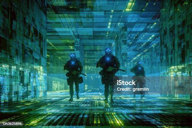 Empty Futuristic City Corridors With Cyborg Soldiers Stock Photo - Download Image Now