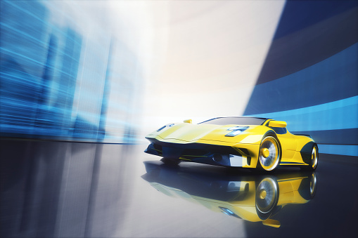 Generic futuristic concept sports car speeding. 3D generated image. Car design is entirely generic, custom made and not based on any real model or brand.