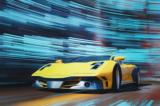 Generic futuristic concept sports car speeding. 3D generated image. Car design is entirely generic, custom made and not based on any real model or brand.