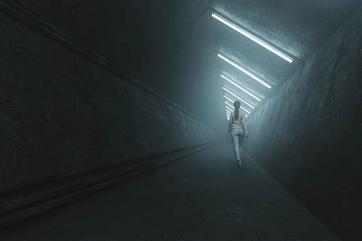 Woman walking in dark concrete corridor, 3D generated image.