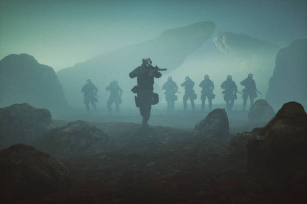 istock Futuristic soldiers walking over rocky terrain 1343626143