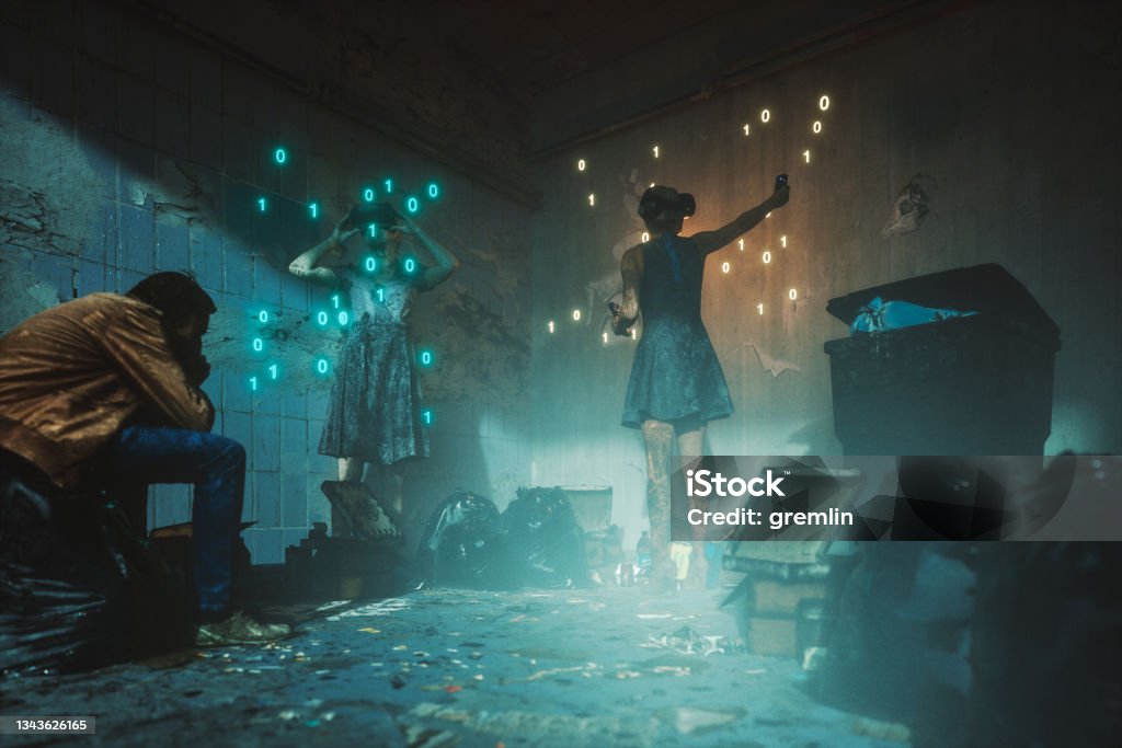 Futuristic dystopian virtual happiness for all Futuristic dystopian virtual happiness for all, 3D generated image. VR controllers are entirely generic and modeled by contributor. Dystopia - Concept Stock Photo