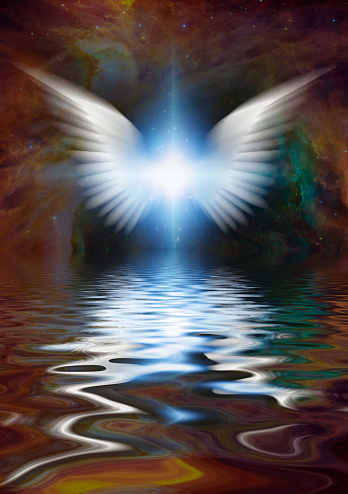 Shining angel wings above water surface. 3D rendering