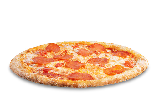 Fresh baked cheese pepperoni pizza on a white isolated background. toning. selective focus