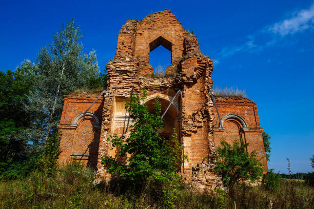 istock Old ancient abandoned red brick ruins overgrown by plants 1343632391
