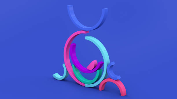 istock Colorful half circle shapes. Blue background. Abstract illustration, 3d render. 1343635665