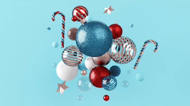 istock Colorful Modern Christmas Ornaments And Candy Canes. New Year Abstract Concept. Empty Space For Text - 3D Illustration 1343635720