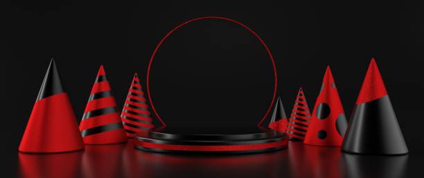 istock Modern Black And Red Pedestal Stage With Christmas Trees. Empty Space Background. New Year Concept - 3D Illustration 1343635742