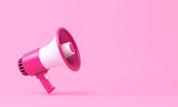 istock Single pink and white electric megaphone with a handle stands on a pink background 1343637286