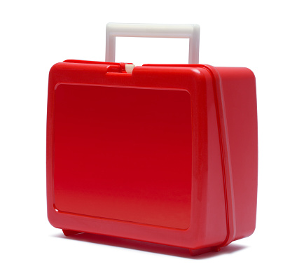 Plastic Red Lunch Box Cut Out on White.