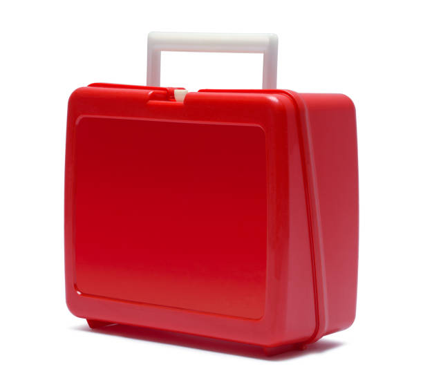 Red Lunch Box Plastic Red Lunch Box Cut Out on White. lunch box photos stock pictures, royalty-free photos & images