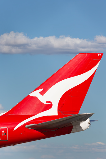 Melbourne, Australia - January 16, 2015: Tail of a Qantas Boeing 747 jumbo jet at Melbourne Airport showing the iconic Kangaroo livery.