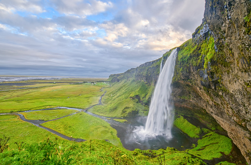 Seljalandsfoss Waterfall in the beautiful and unique island nation of Iceland in Europe.