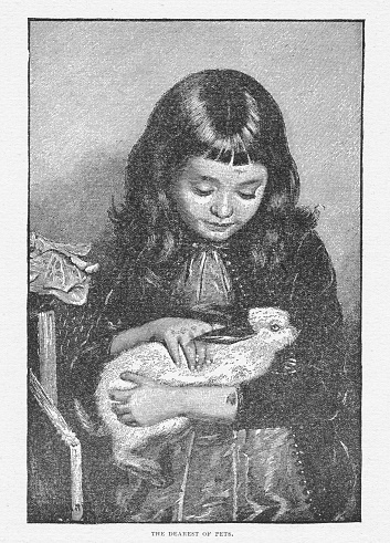 Girl holds her pet Bunny rabbit. Illustration published 1899. Source: Original edition is from my own archives. Copyright has expired and is in Public Domain.