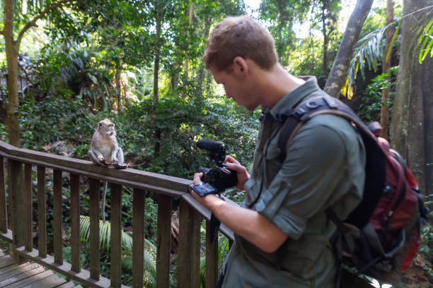 istock Millennial travel vlogger filming monkey while visiting animal sanctuary in Asia 1343650743