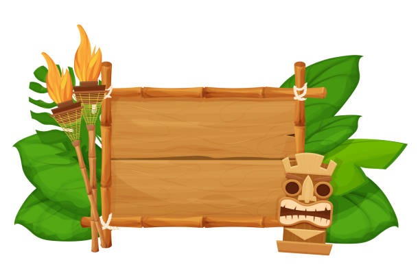 ilustrações, clipart, desenhos animados e ícones de tiki tribal máscara havaiana, estatueta com rosto humano em moldura de bambu com pergaminho, tocha no estilo desenho animado decorado exótico, folhas de palma isoladas no fundo branco. deus da cultura antiga do havaí. . ilustração vetorial - polynesia