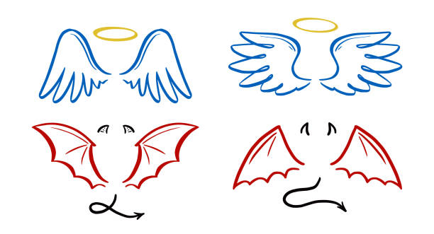Angel and devil stylized vector illustration. Angel and devil stylized vector illustration. Angel with wing, halo. Devil with wing and tail. Hand drawn line sketch style. angel wings drawing stock illustrations
