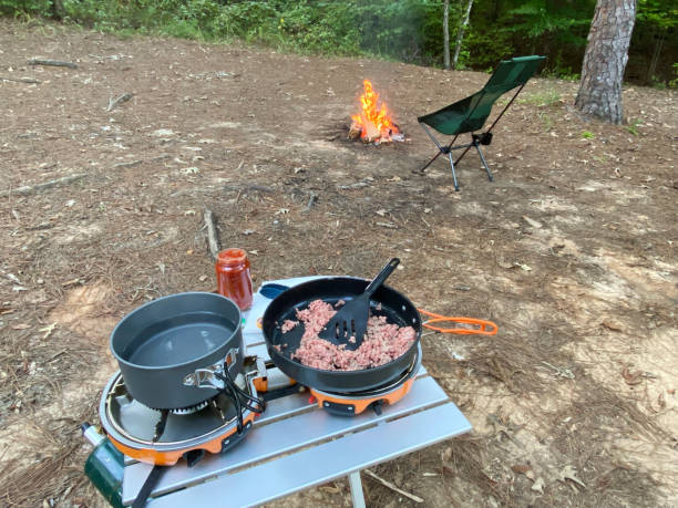 istock Cooking meat in campsite with campfire in background 1343656132