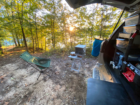 Camping oven setup in overlanding campsite