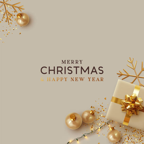 Merry Christmas and Happy New Year Background Merry Christmas and Happy New Year. Background Xmas design realistic gifts box, festive decorative objects. flat lay top view. Christmas poster, holiday banner, flyer, stylish brochure, greeting card christmas background stock illustrations