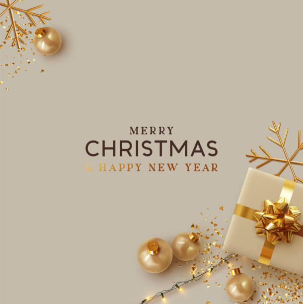Merry Christmas and Happy New Year Background Merry Christmas and Happy New Year. Background Xmas design realistic gifts box, festive decorative objects. flat lay top view. Christmas poster, holiday banner, flyer, stylish brochure, greeting card new years eve party stock illustrations