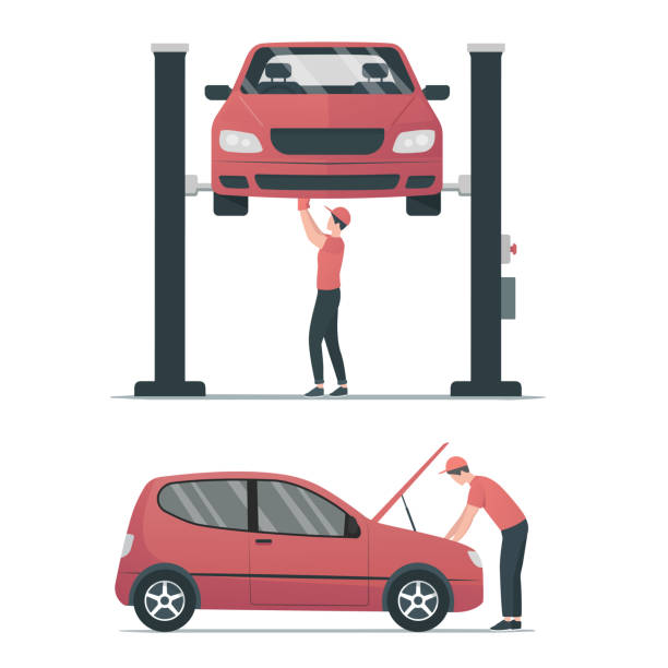 car service Car mechanic set. Auto repair shop. Colored flat vector illustration. Isolated on white background. hood stock illustrations