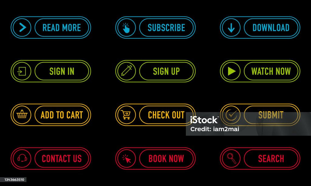 12 Colourful Outline Button Set On Black Background Flat Line Button ...