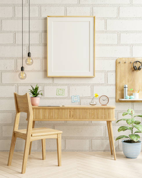 istock Interior of living room with mockup frame on work table,white brick wall. 1343666376