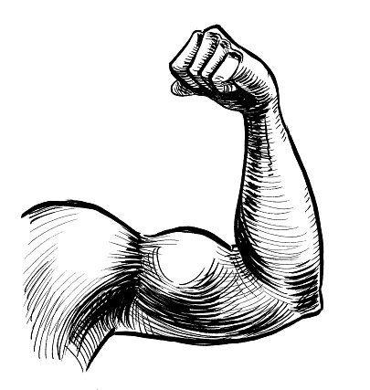 Ink black and white drawing of a strong flexing biceps