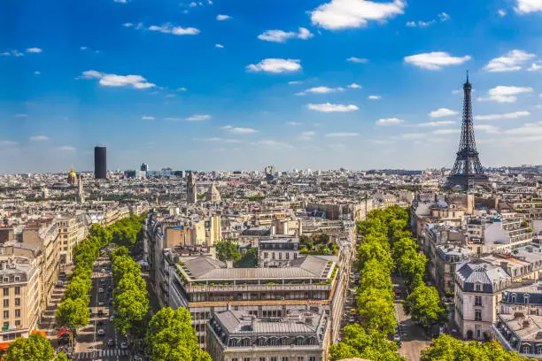 Eiffel Tower Invalides Buildings Avenues Arc de Triomphe View Cityscape City Center Paris France.