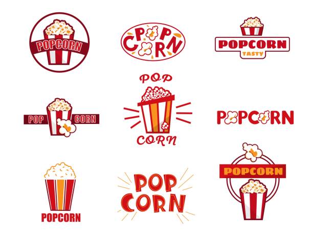 ilustraciones, imágenes clip art, dibujos animados e iconos de stock de logotipo de palomitas de maíz. diseño de etiquetas de snacks de cine retro de dibujos animados. plantilla de insignias de comida de estreno de película para la marca. maqueta de emblemas aislados con cestas de harina de maíz y letras. conjunto de icono - palomitas