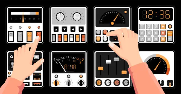 Vector illustration of Retro dashboard. Hands on radio control panel with switches. Technical connection ports. Tuners and indicators dials. Arms press buttons on console dashboard UI. Vector illustration