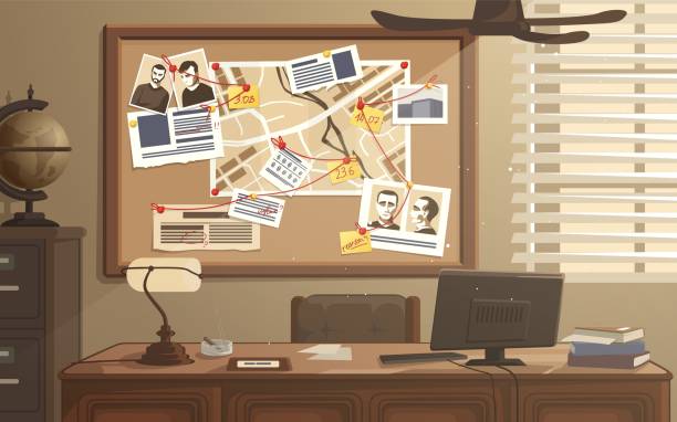 Detective workplace. Police office with investigation board. Searching evidences. Photos, notes and map attached to pinboard. Investigators room with desk and safe. Vector illustration Detective workplace. Police office with investigation board. Searching evidences. Photos, notes and map attached to pinboard. Investigators room interior with work desk and safe. Vector illustration detective stock illustrations