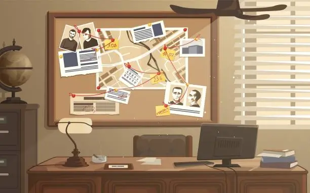 Vector illustration of Detective workplace. Police office with investigation board. Searching evidences. Photos, notes and map attached to pinboard. Investigators room with desk and safe. Vector illustration